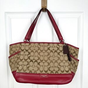 Coach Signature Monogram Tote Bag Red Leather Trim Designer Y2K Coquette Luxury